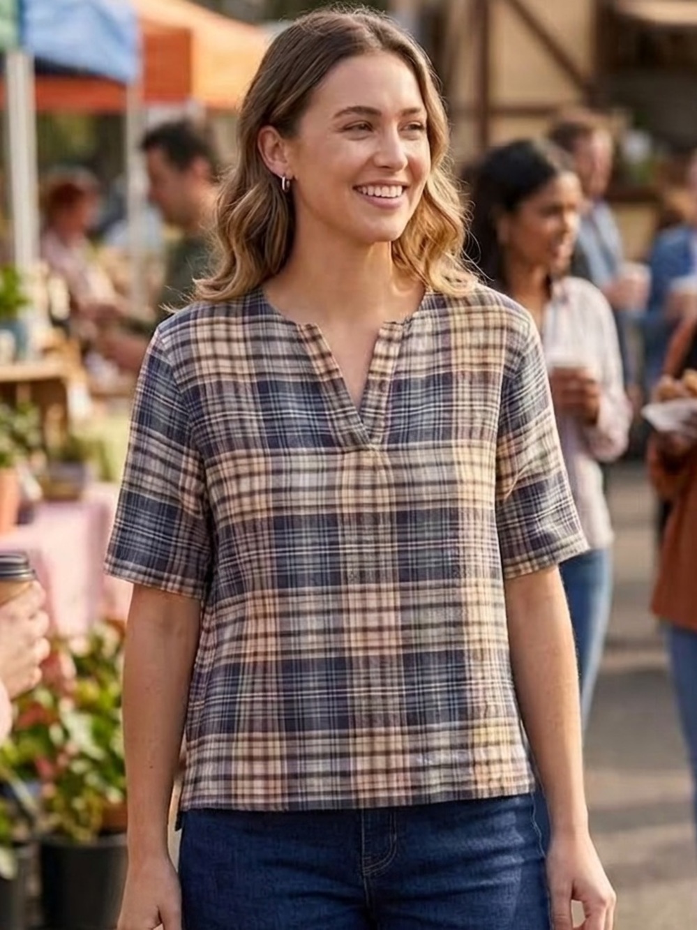 LL Bean Signature - Linen Blend Lightweight Plaid Short-Sleeve Blouse - Size M